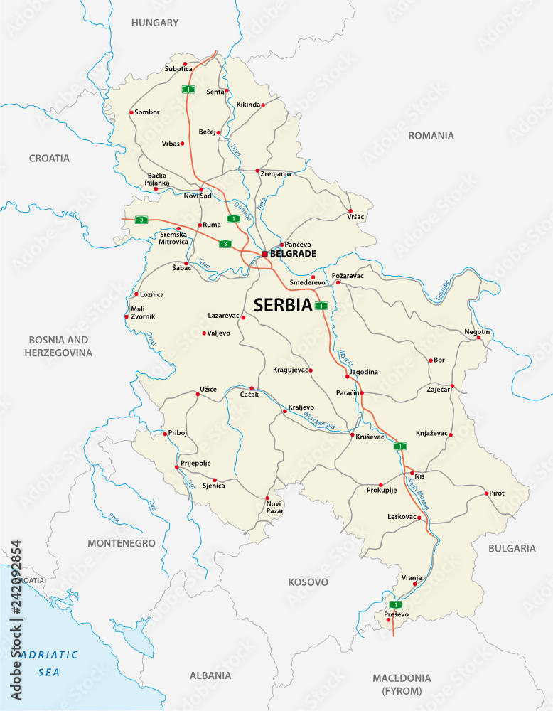 detailed Serbia road vector map with labeling