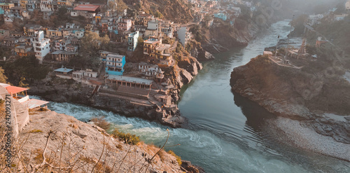 Alaknanda and Bhagirathi rivers meet and take the name Ganga at Devprayag, Uttarakhand, India. photo