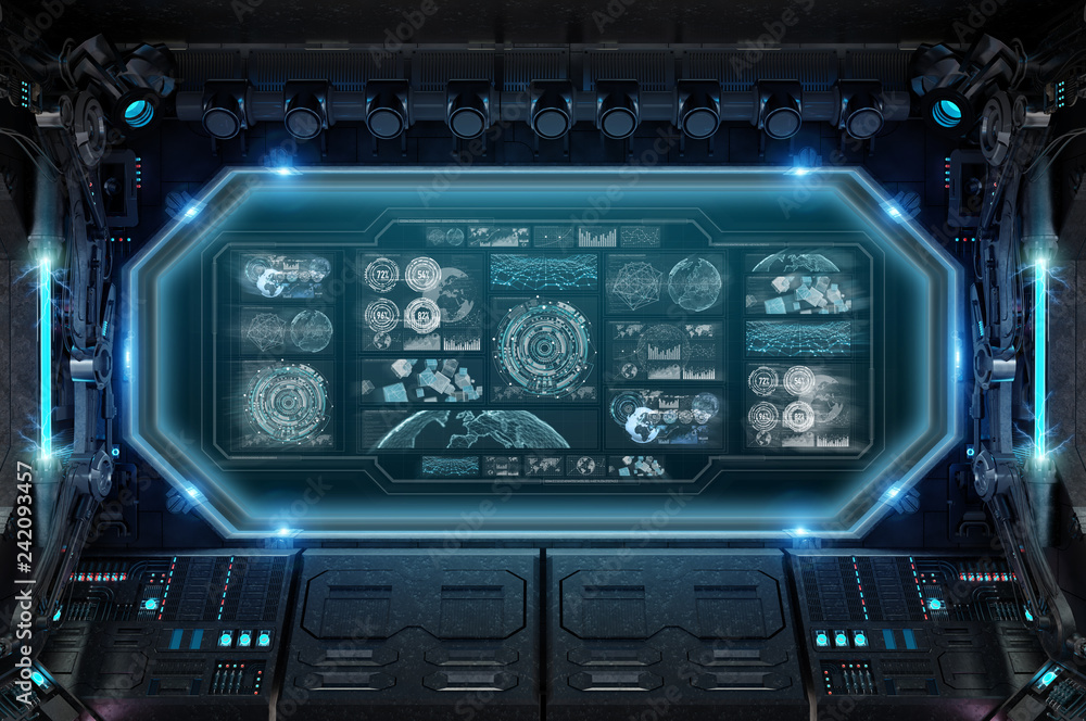 Dark spaceship interior with control panel digital screens 3D rendering ...