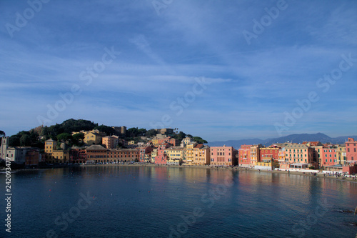 view of baia del silenzio italy,Sestri Levante,tourism,travel,bay,sea,calm,sky,blue,panorama,coast,beach