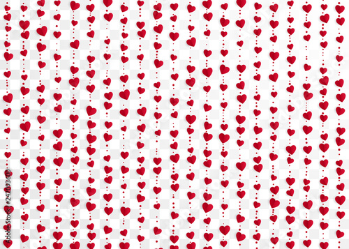 Red heart garlands. Valentines Day romantic background. Wrapping paper background. Vector illustration isolated on transparent background