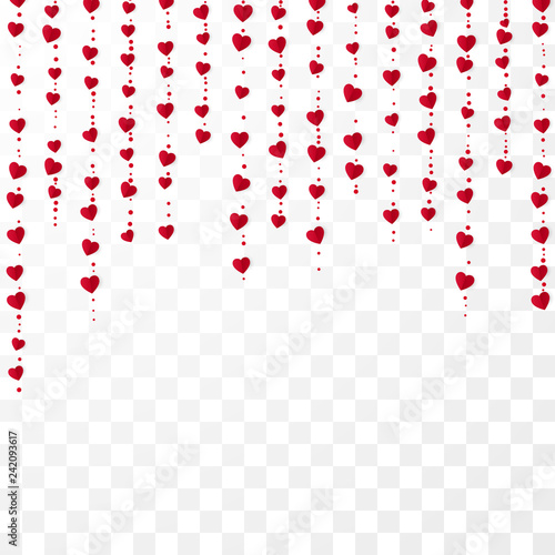 Vertical red heart garlands. Valentines Day romantic background. Wrapping paper background. Vector illustration isolated on transparent background