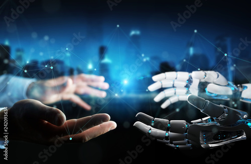 Robot hand making contact with human hand on dark background 3D rendering