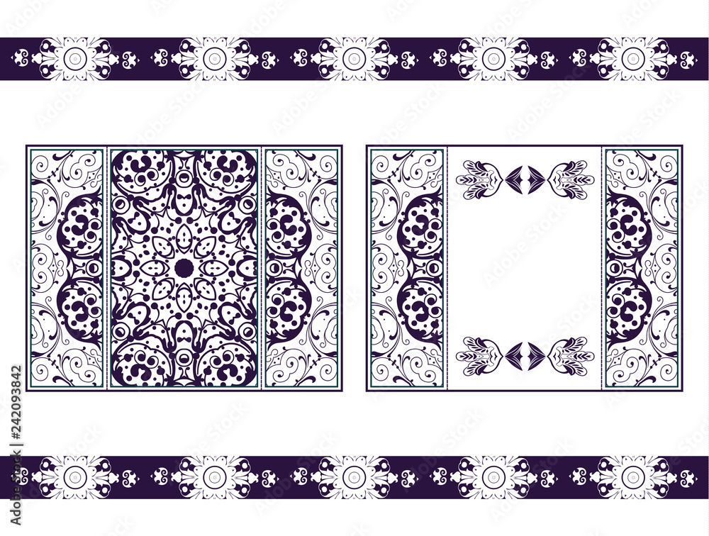 Fototapeta premium Flyer for laser cutting mandala. Vector paper card with purple, crimson lace pattern. Wedding invitations, cards and business card templates. Decorative laser cut cards for design