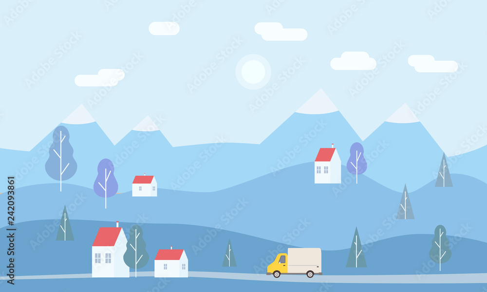 Minimalistic landscape of mountains, trees, houses, background. Concept delivery service, landing. Delivery truck rides on the way to the buyer. Internet delivery, idea, vector, illustration for web