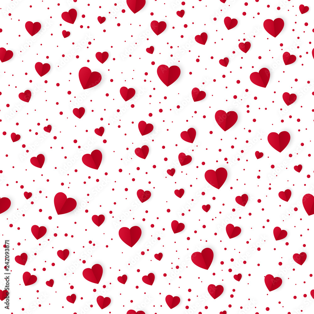 Abstract seamless heart pattern background. Paper red hearts and dots isolated on white. Valentines Day background. Vector illustration Abstract seamless heart pattern background. Paper red hearts and dots isolated on white. Valentines Day background. Vector illustration