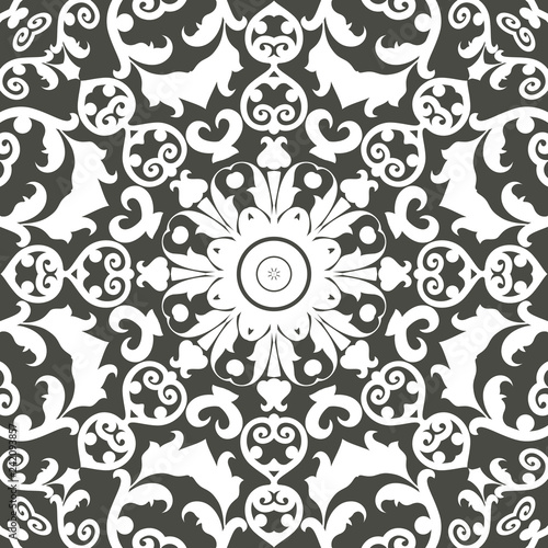 Seamless floral pattern motif coloring mandala drawn with a pen. black and white. Ethnic, fabric, motifs. Vector, abstract flower mandala. Decorative elements for design. EPS 10