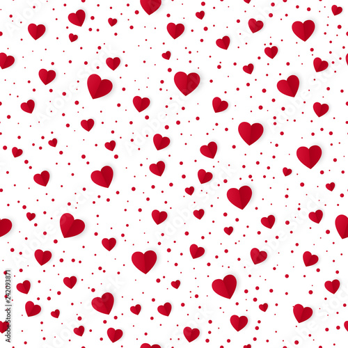 Abstract seamless heart pattern background. Paper red hearts and dots isolated on white. Valentines Day background. Vector illustration