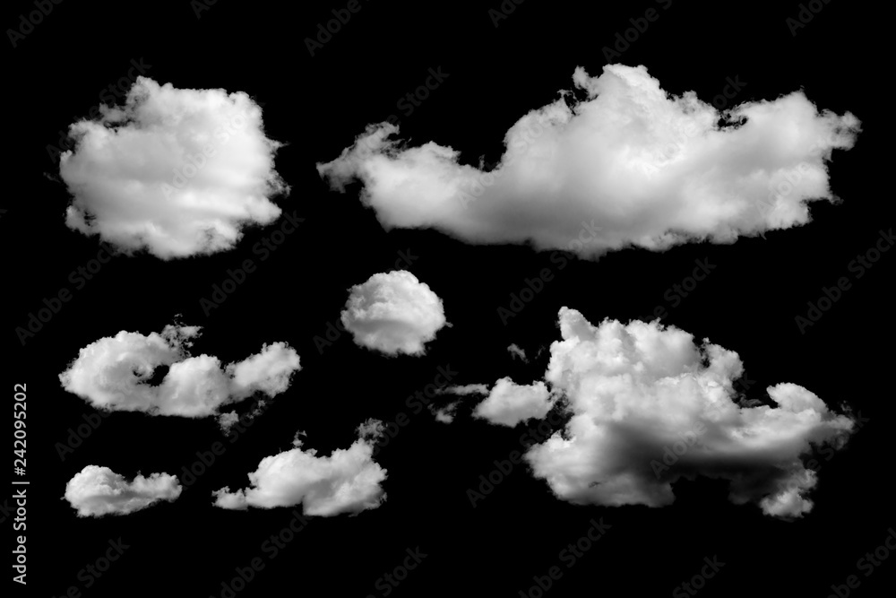 Set of different clouds isolated on black background. Design elements Set of different clouds isolated on black background. Design elements