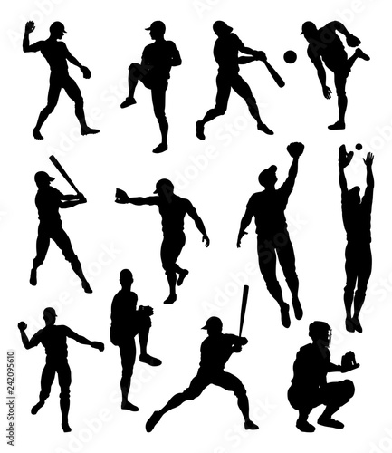 Baseball player detailed silhouettes sports set in lots of different poses