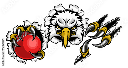 An eagle bird cricket sports mascot cartoon character ripping through the background holding a ball