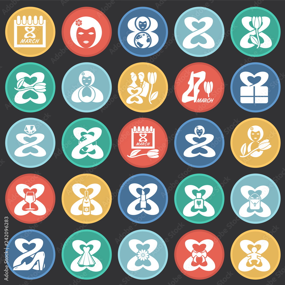 Woman day icon set on color circles black background for graphic and web design, Modern simple vector sign. Internet concept. Trendy symbol for website design web button or mobile Woman day icon set on color circles black background for graphic and web design, Modern simple vector sign. Internet concept. Trendy symbol for website design web button or mobile