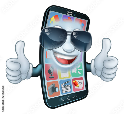 A mobile phone cartoon character mascot wearing cool shades or sunglasses giving a double thumbs up.