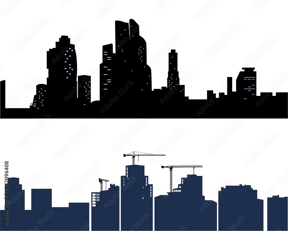 Black city isolated on white background. Two silhouettes of the urban with burning Windows. The center of the city - Vector illustration.