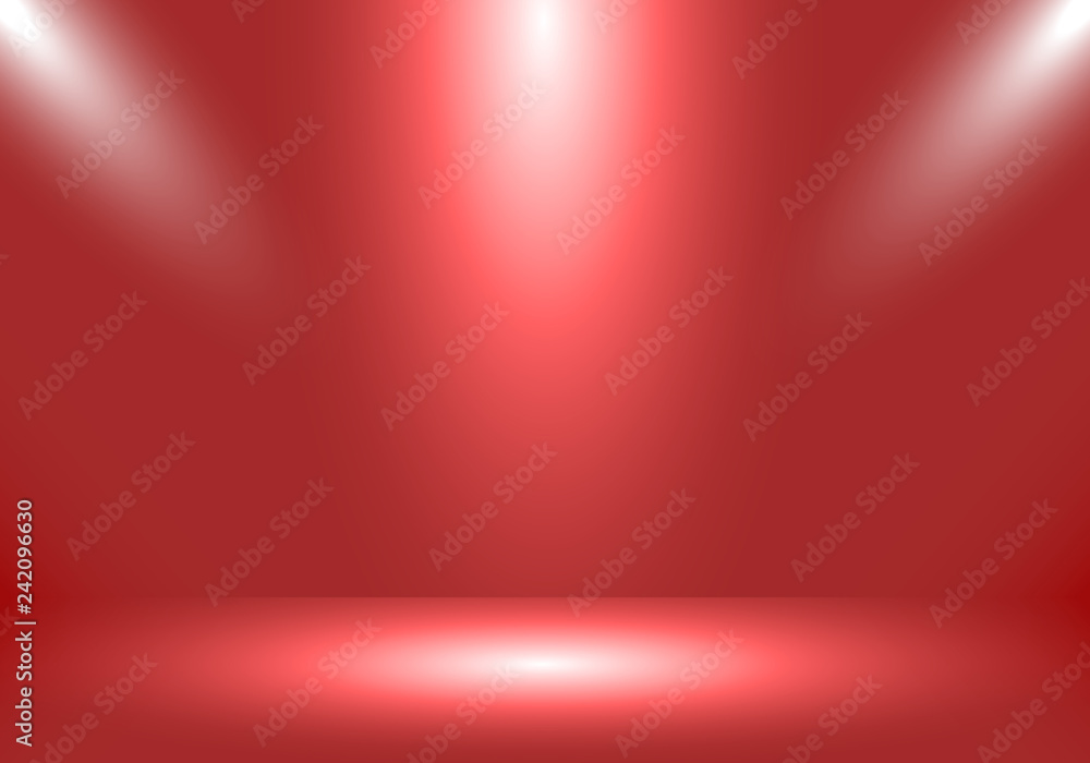 3D empty studio room show booth for designers with spotlight on living coral gradient color background. 3D empty studio room show booth for designers with spotlight on living coral gradient color background.