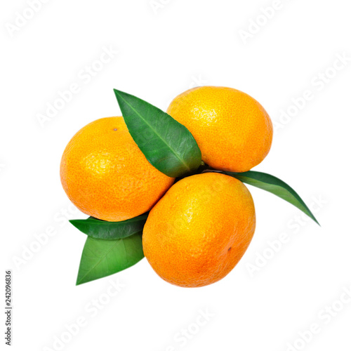 Tangerine or clementine with green leaf isolated on white background.
