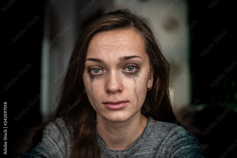 Profile Of Sad Woman With Long Hair In Tears, Depression Concept Artwork  Stock Photo, Picture and Royalty Free Image. Image 86214640.