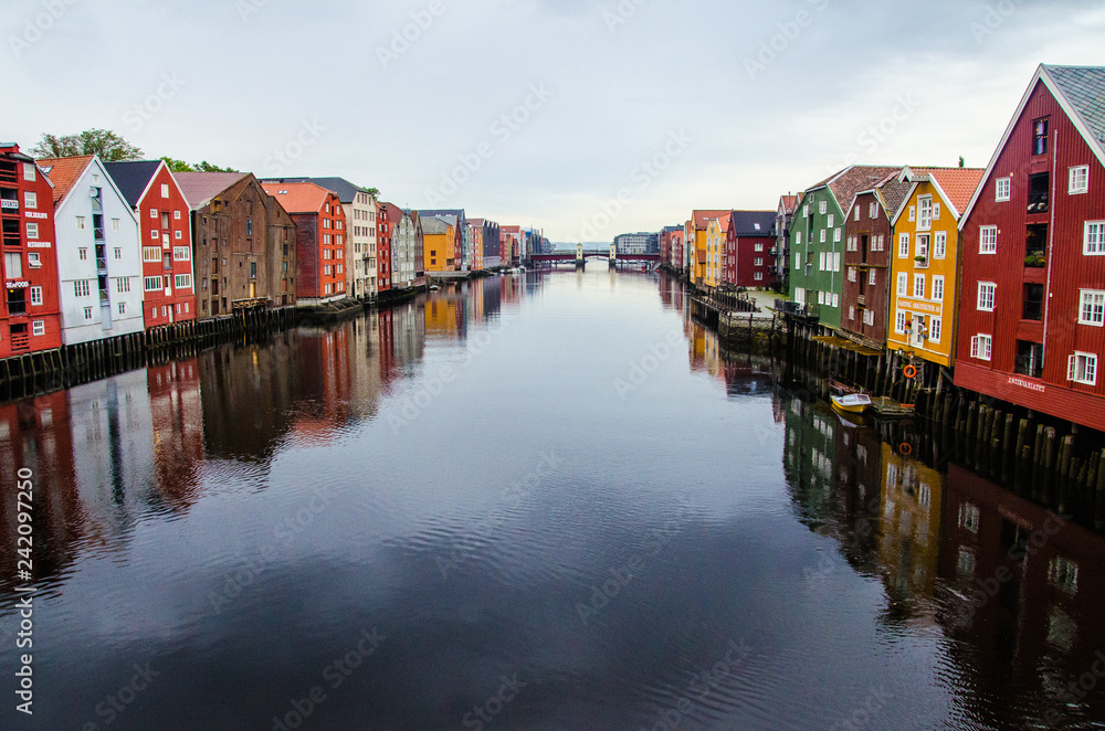 Picturesque houses view from the Gamle Bybro Old Town Bridge in the center of Trondheim