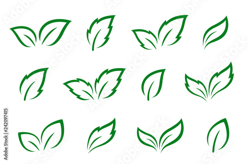 hand drawn set of green leaves icons