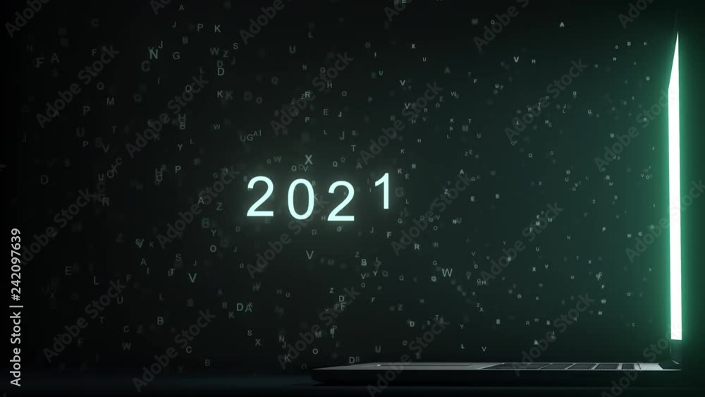 2021 text appearing near laptop screen. Conceptual 3D animation 2021 text appearing near laptop screen. Conceptual 3D animation