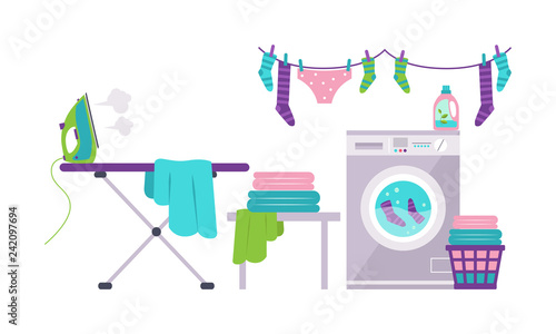 Laundry room with washing machine, ironing board, clothes rack, basket vector Illustration