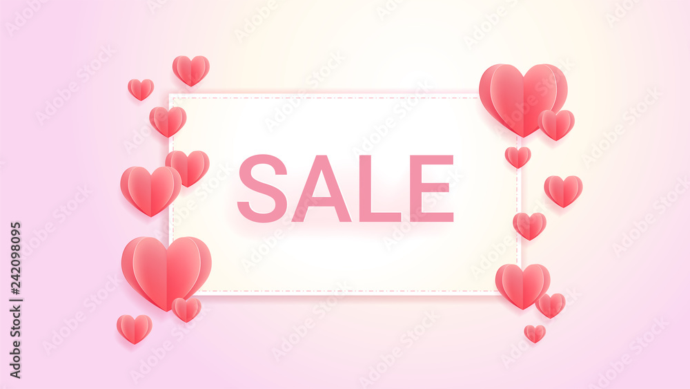 Sweet color sales banner background with hearts in paper cut style, banner background for love celebration event