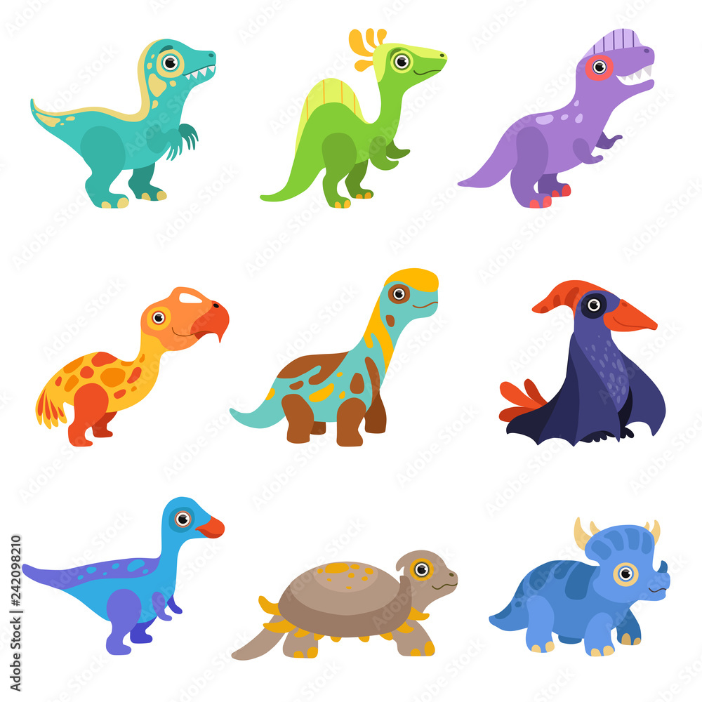 Fototapeta Collection of cute dinosaurs, colorful baby dino cartoon characters vector Illustration