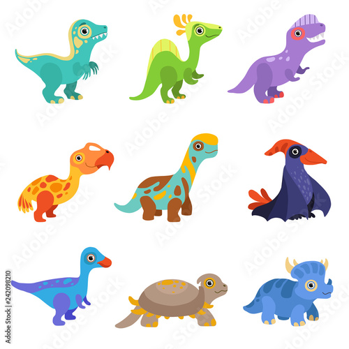 Collection of cute dinosaurs, colorful baby dino cartoon characters vector Illustration