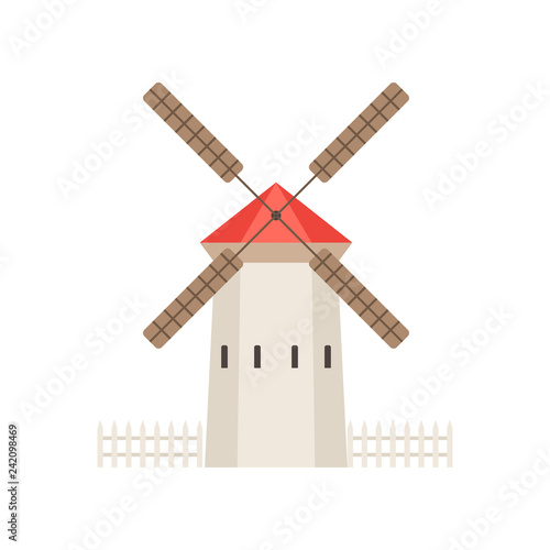 Traditional rural windmill building, ecological agricultural manufacturing, design element of urban or rural landscape vector Illustration