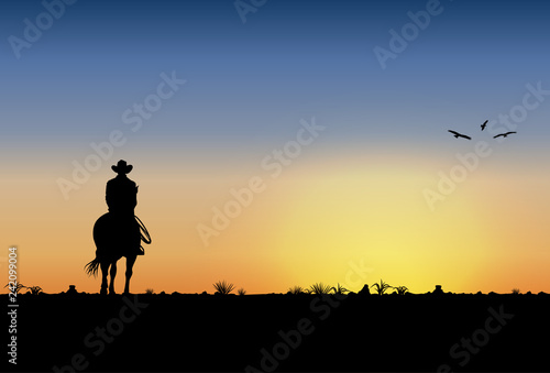 Silhouette of lonesome cowboy riding horse at sunset, Vector Illustration