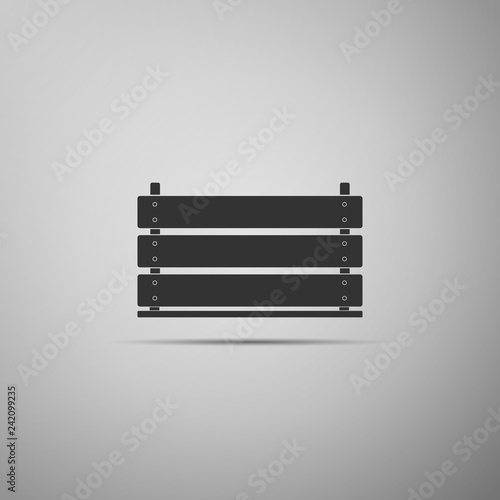 Wooden box icon isolated on grey background. Grocery basket, storehouse crate. Empty wooden container for vegetables, products. Flat design. Vector Illustration