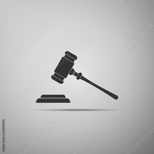 Judge gavel icon isolated on grey background. Gavel for adjudication of sentences and bills, court, justice, with a stand. Auction hammer symbol. Flat design. Vector Illustration