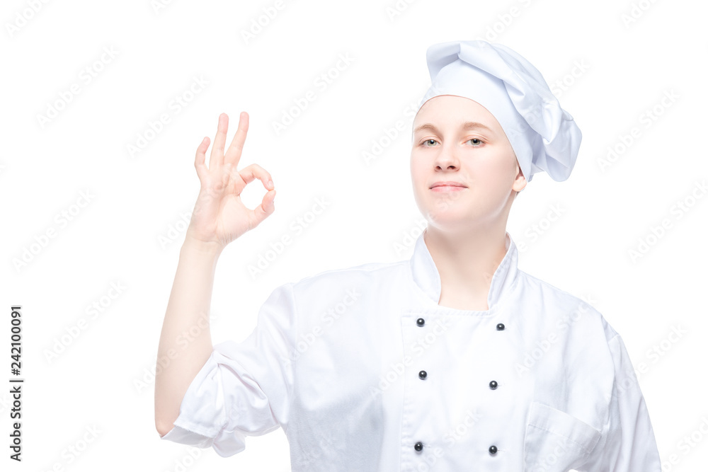 female chef showing hand gesture, satisfied portrait on white background female chef showing hand gesture, satisfied portrait on white background