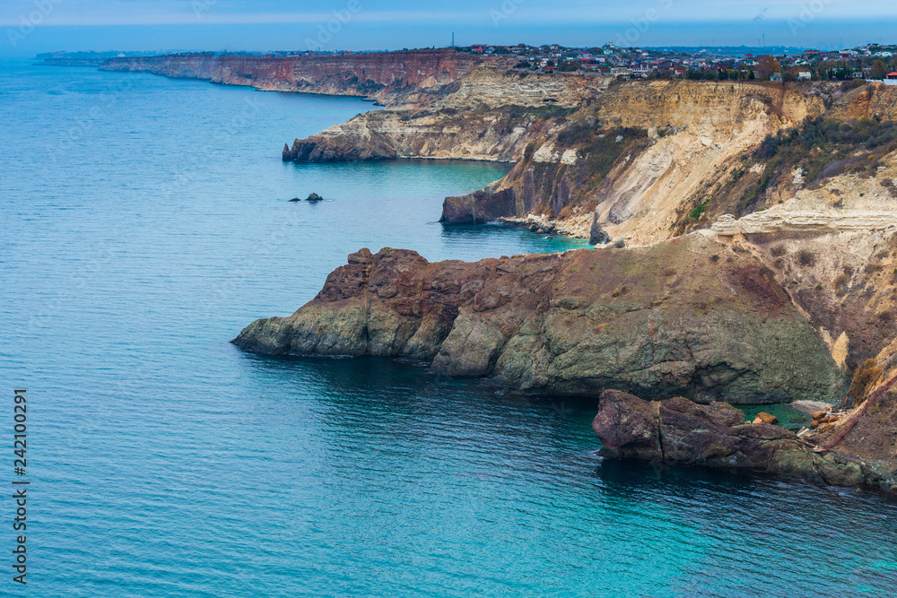 Picturesque rocky coast of the sea, coast of the Crimean peninsula, Russia