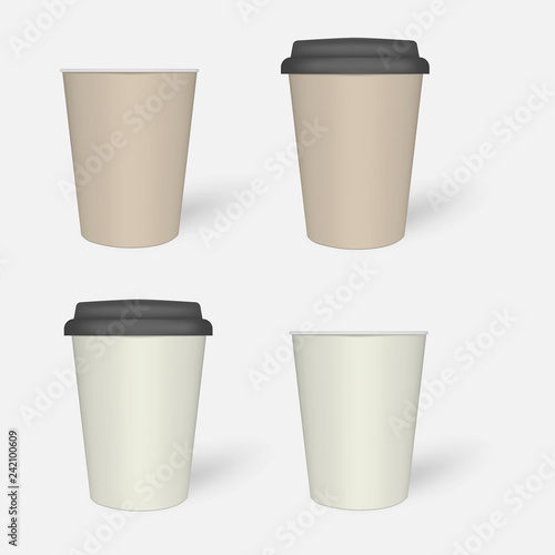 Paper coffee cup with black lid, takeaway drink mug - realistic mockup