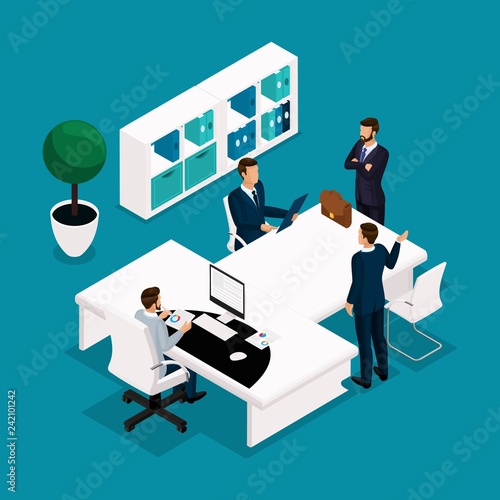 Trend isometric people, concept, office manager front view, a large table for meetings, negotiations, brainstorming, businessmen in suits stylish hairstyle isolated
