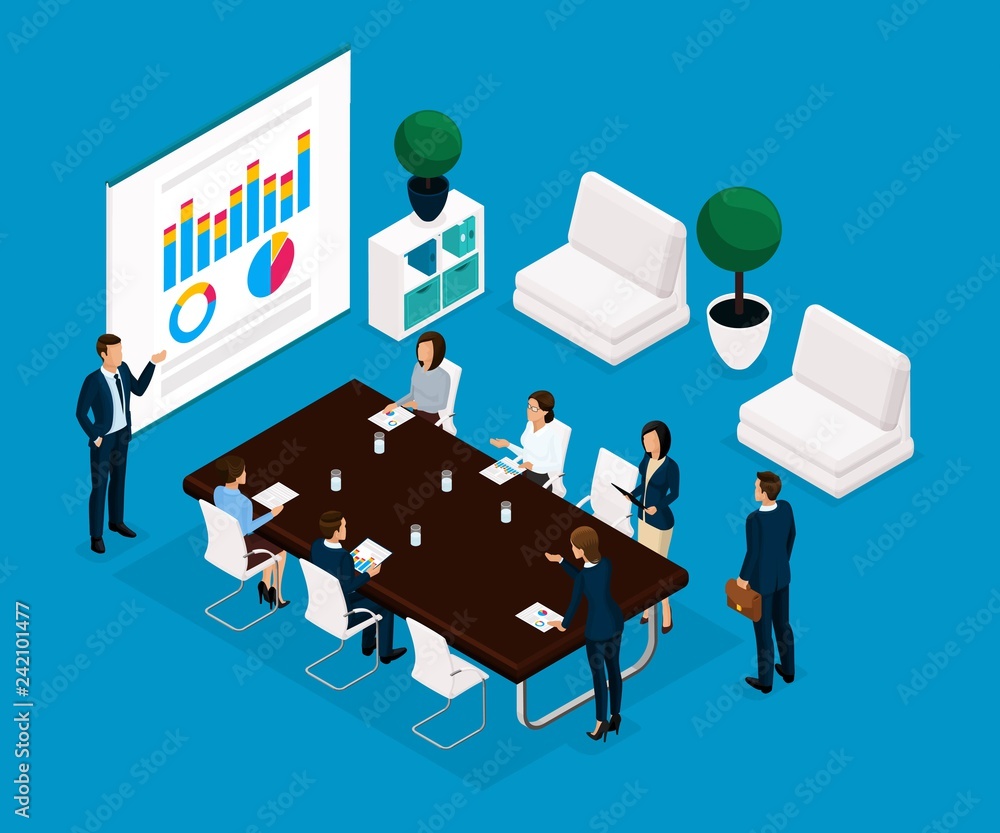 Trend Isometric people communicating concept rear view, large office room, meeting, discussion, brainstorming, business, and business ladies in suits isolated on a light background. Vector Trend Isometric people communicating concept rear view, large office room, meeting, discussion, brainstorming, business, and business ladies in suits isolated on a light background. Vector