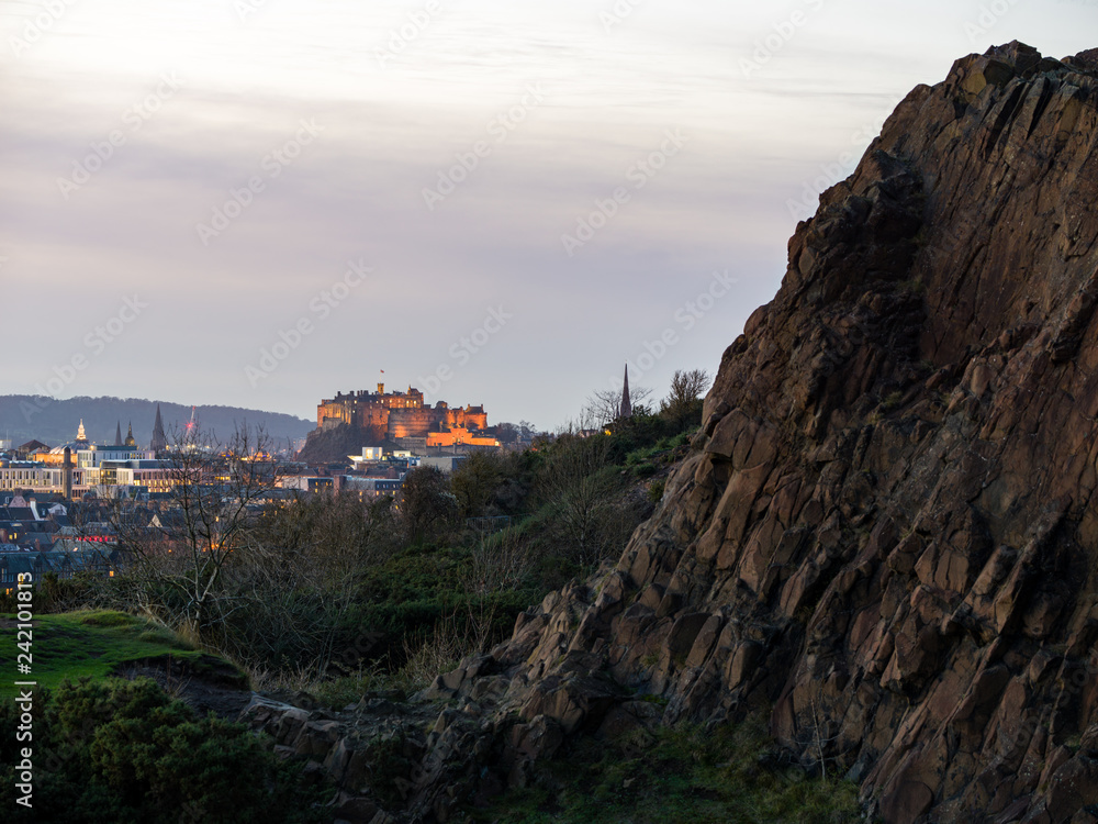 View of Edinburgh Castle from Arthur's Seat at sunset