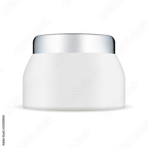 White Plastic Cream Jar Mockup with Silver Lid. Beauty Cosmetic Bottle for Moisturizer. Packaging Template for Natural Facial Balm. 3d Round Pack Template. Vector Pot.