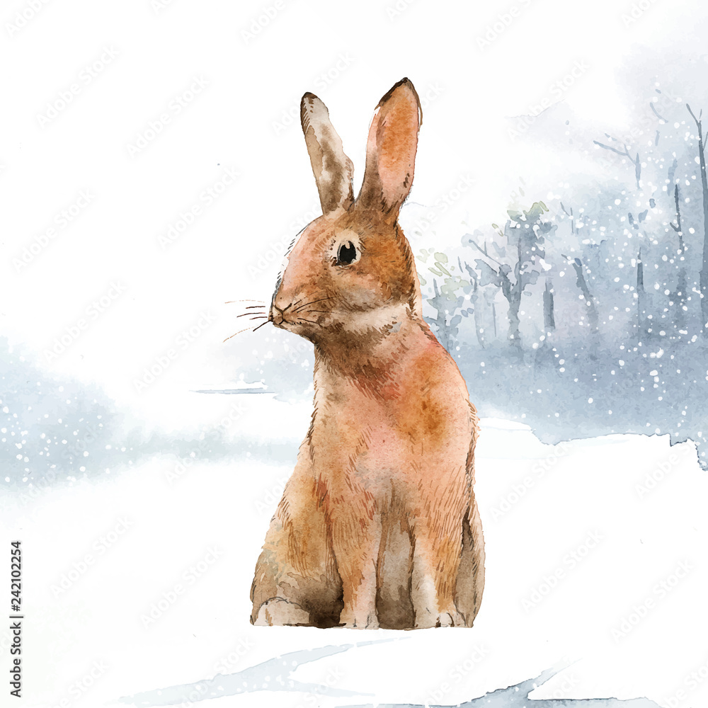 Obraz premium Dziki zając w zimowej krainie czarów malowany akwarelą wektorem