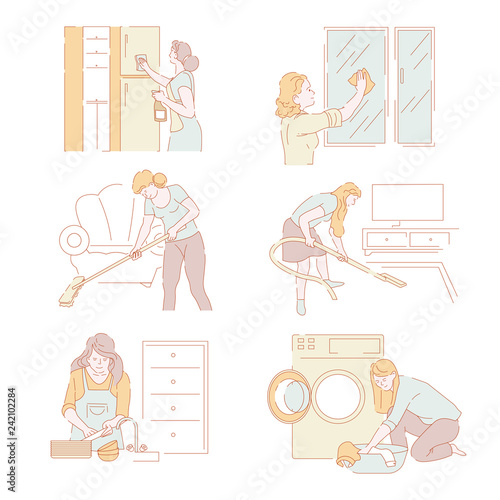 Laundry service lady working at home chores in house
