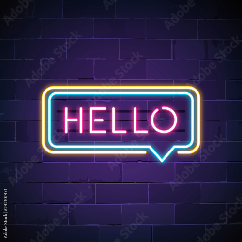Pink hello in a speech bubble neon sign vector