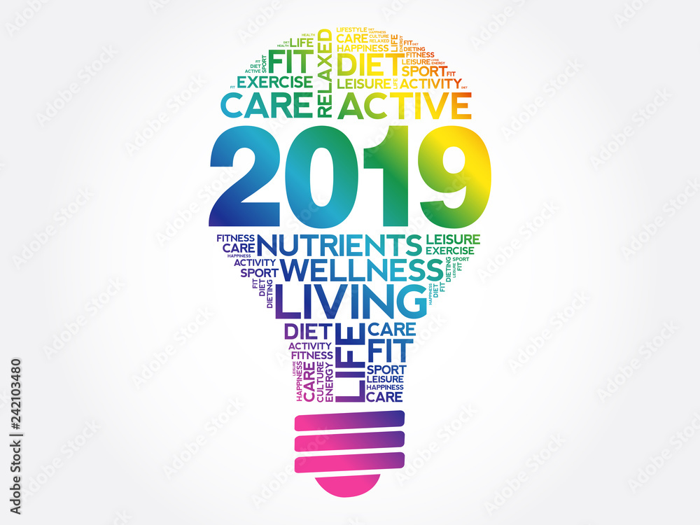 2019 health goals bulb word cloud, health concept background 2019 health goals bulb word cloud, health concept background