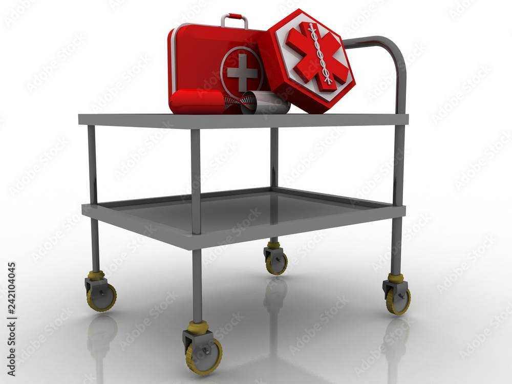 3d rendering First aid kit with ambulance sign in medical table