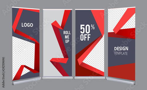 Roll up banners. Advertizing stand office mall presentation vertical poster vector template. Illustration of presentation layout vertical stand, advertising panel