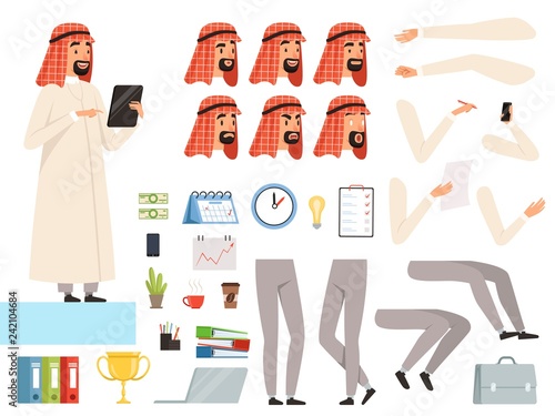 Arabic businessman animation. Creation kit with body parts and business tools vector constructor of muslim character. Illustration of man business arab, creation professional businessman