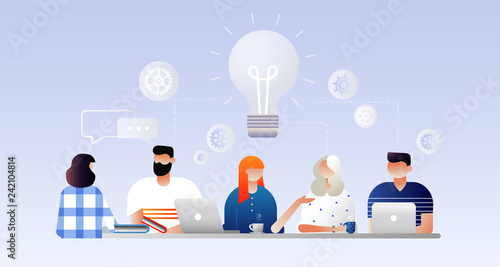 Searching for new ideas solutions, working together in the company, brainstorming, teamwork. Vector illustration. Characters design.
