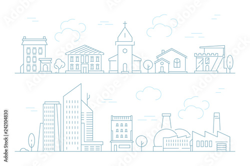 Urban landscape linear. Small town with buildings city houses exterior vector thin line pictures. Illustration of urban building linear, street landscape contour