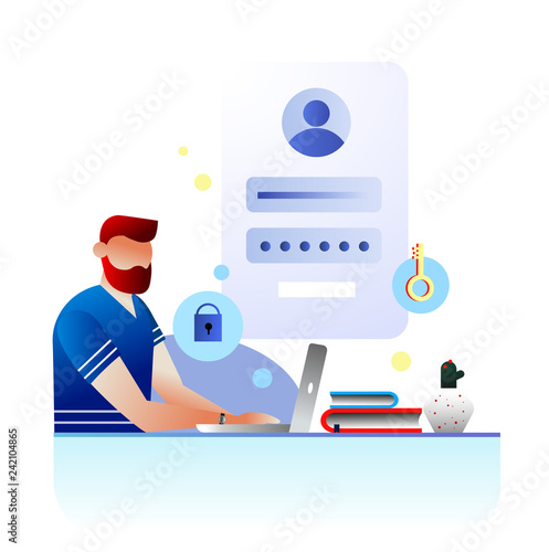 Concept Sign in page on mobile screen. Desktop computer with login form and sign in button for web page, data protection, banner, presentation, social media, posters. Vector illustration, User account