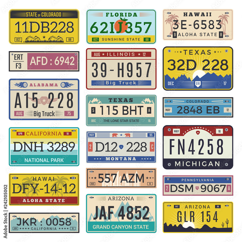 Car license plates. Automobile registration numbers vector template letters. Illustration of auto plate number, registration transport